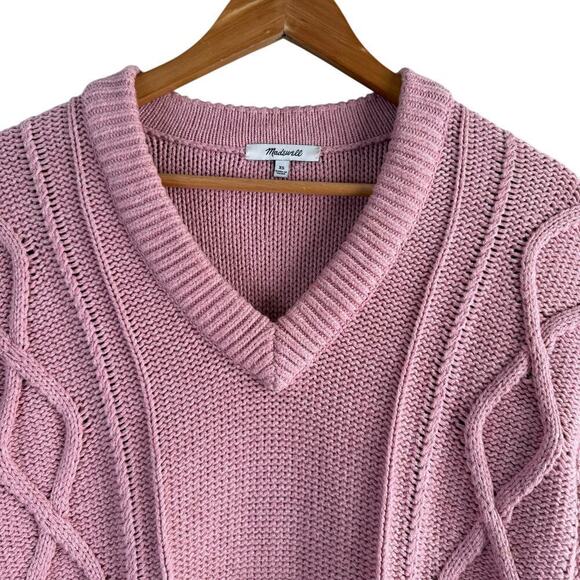 Madewell Pink Augustus Cable Knit V-Neck Sweater‎ 100% Cotton, Size XS - Picture 3 of 12